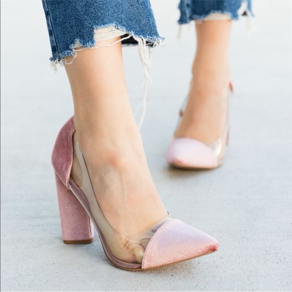 NWOT Chic Blush Velvet Clear Heels - Picture 2 of 4